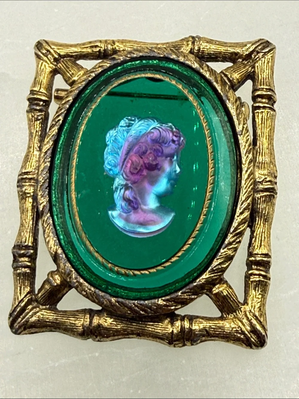 Vintage Green Glass Cameo Brooch with Gold Frame intaglio pin